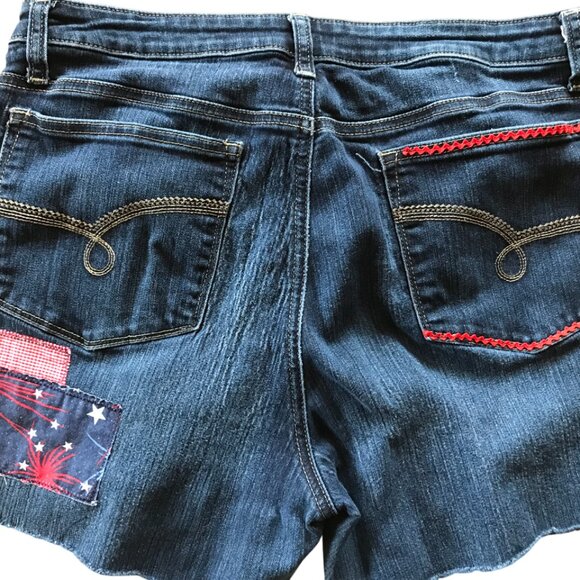 Upcycled Ripped Denim Cutoff Jean Shorts, Fireworks Patriotic Patchwork, Size 16 - Picture 7 of 13